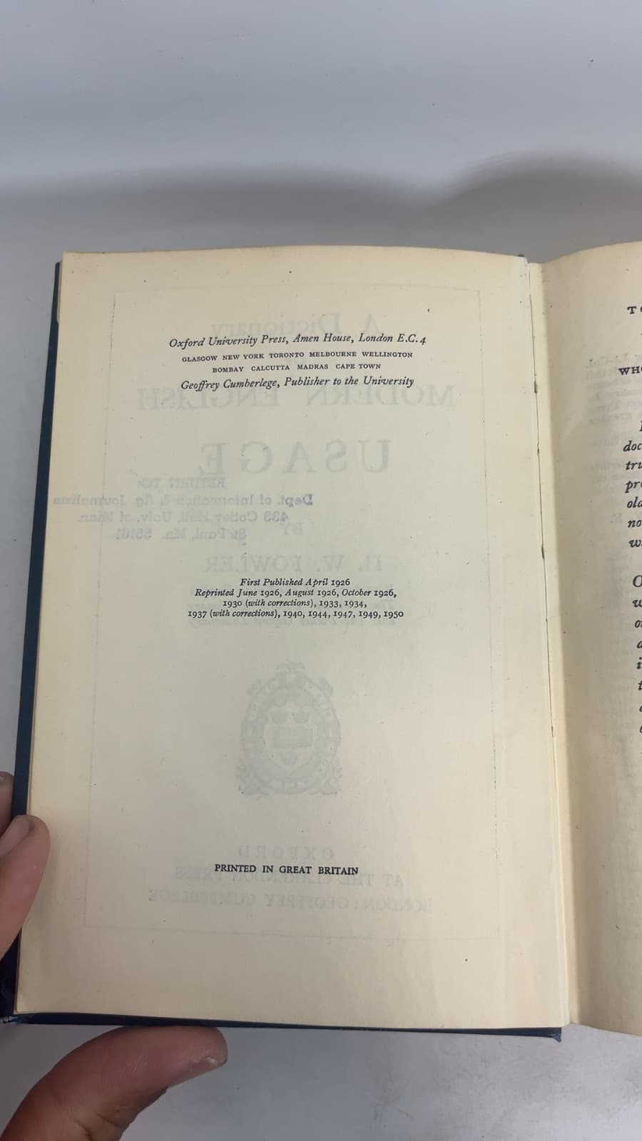 A Dictionary of Modern English Usage by H. W. Fowler - copyright page showing 1950 details