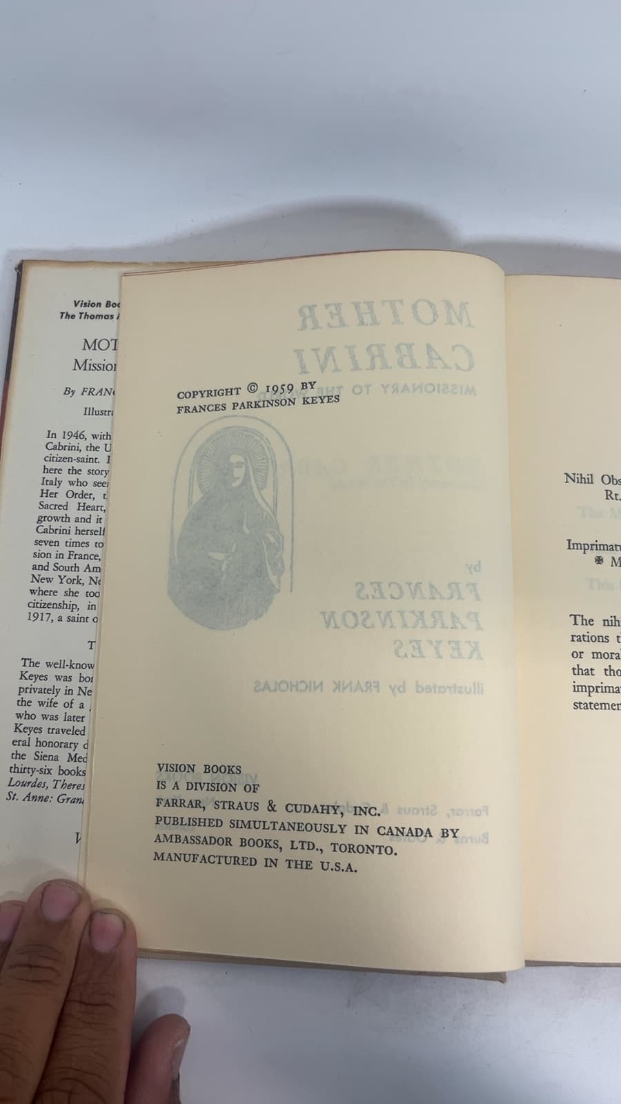 Mother Cabrini: Missionary to the World by Frances Parkinson Keyes - copyright page showing 1959 details