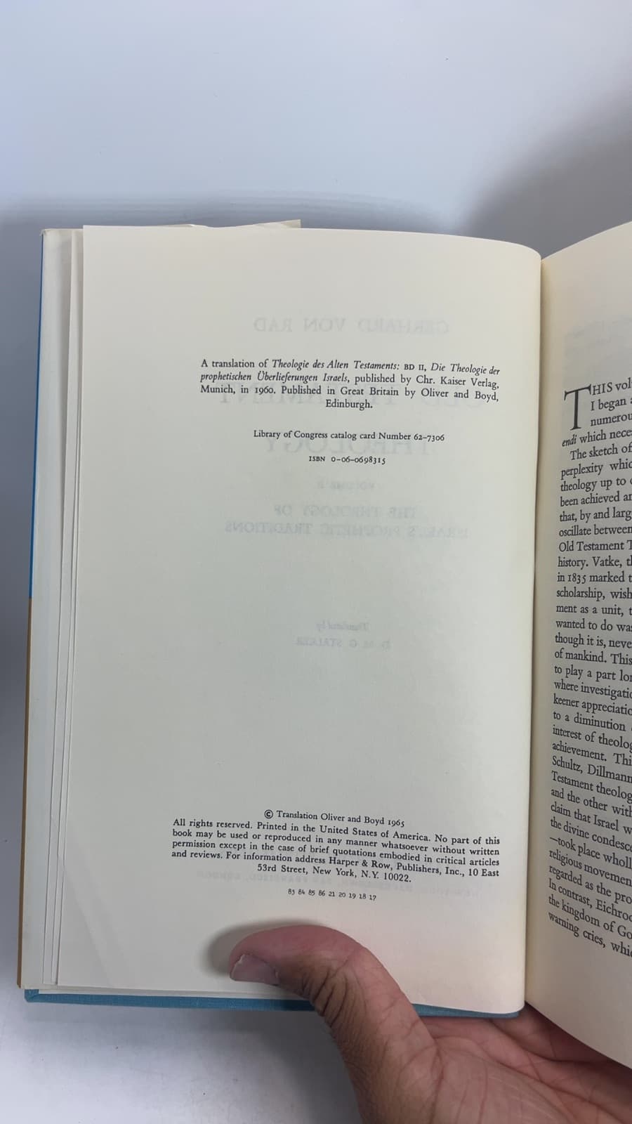 Old Testament Theology Volume II: The Theology of Israel's Prophetic Traditions by Gerhard von Rad - copyright page showing 1965 details