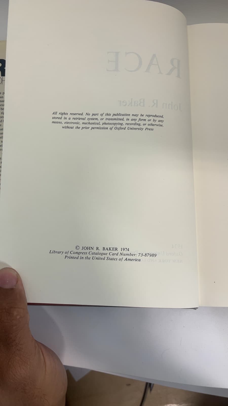 Race by John R. Baker - copyright page showing 1974 details