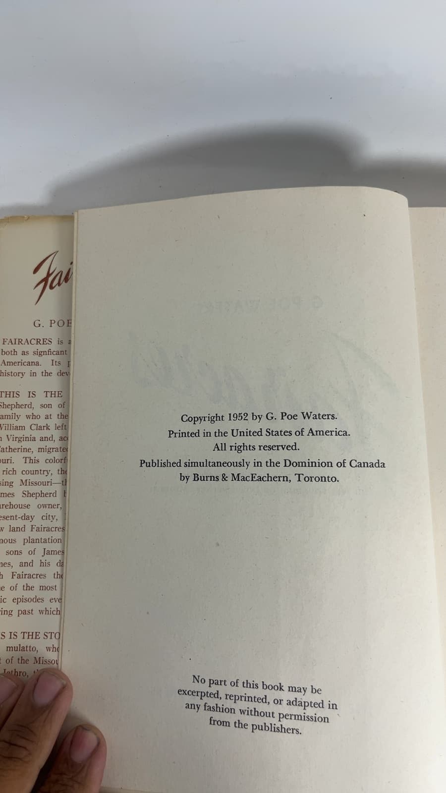 Fairacres by G. Poe Waters - copyright page showing 1952 details