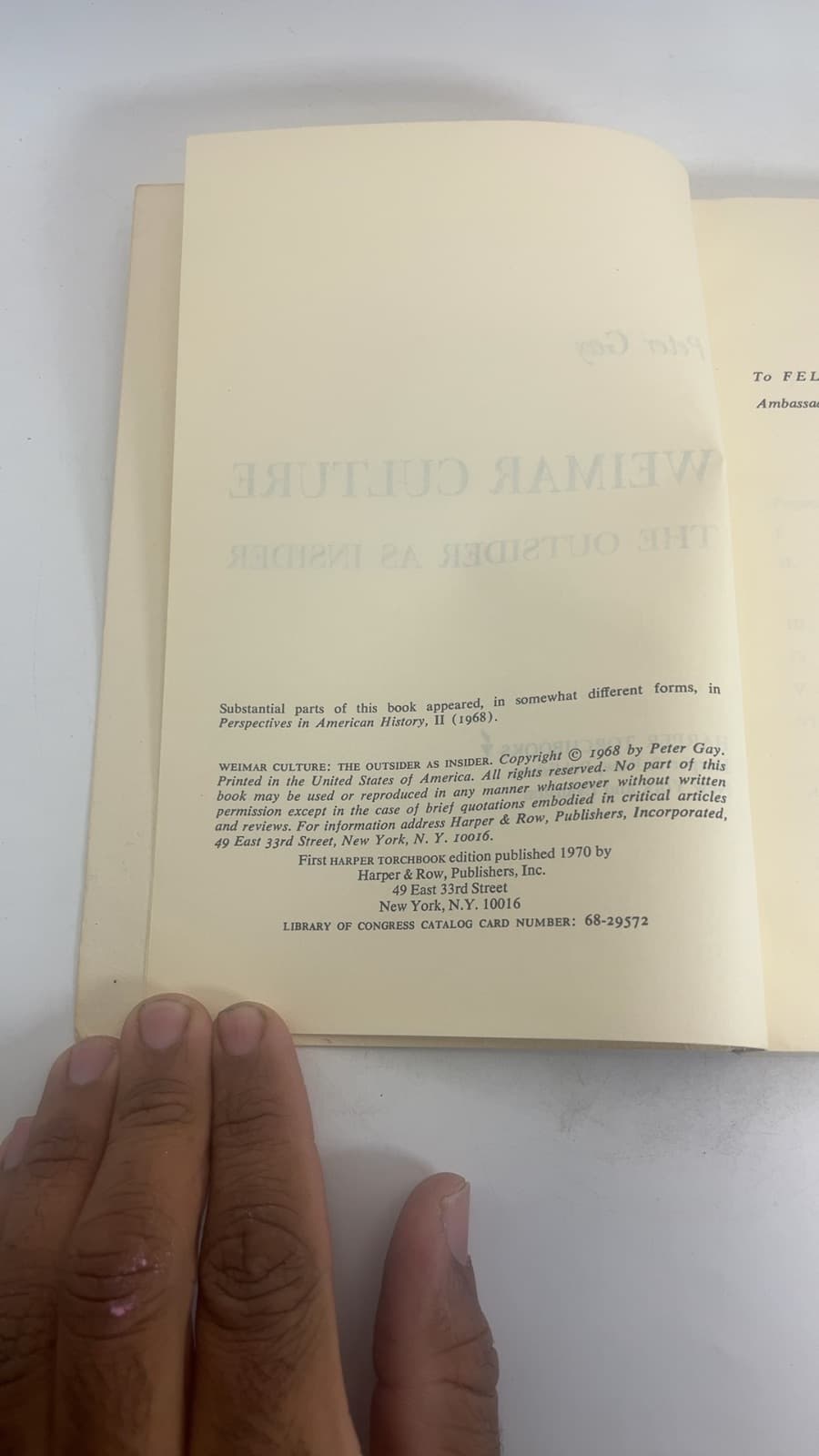 Weimar Culture: The Outsider as Insider by Peter Gay - copyright page showing 1970 details
