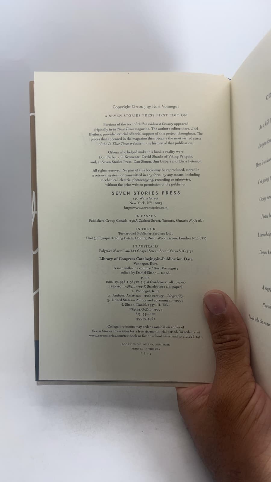 A Man Without a Country by Kurt Vonnegut - copyright page showing 2005 details