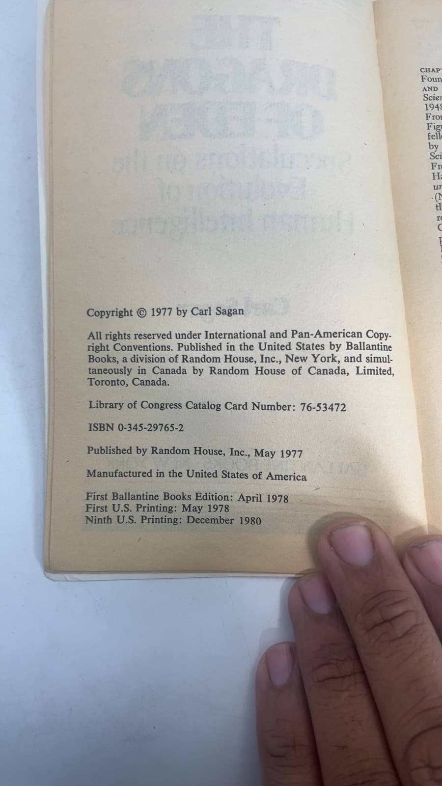 The Dragons of Eden by Carl Sagan - copyright page showing 1977 details