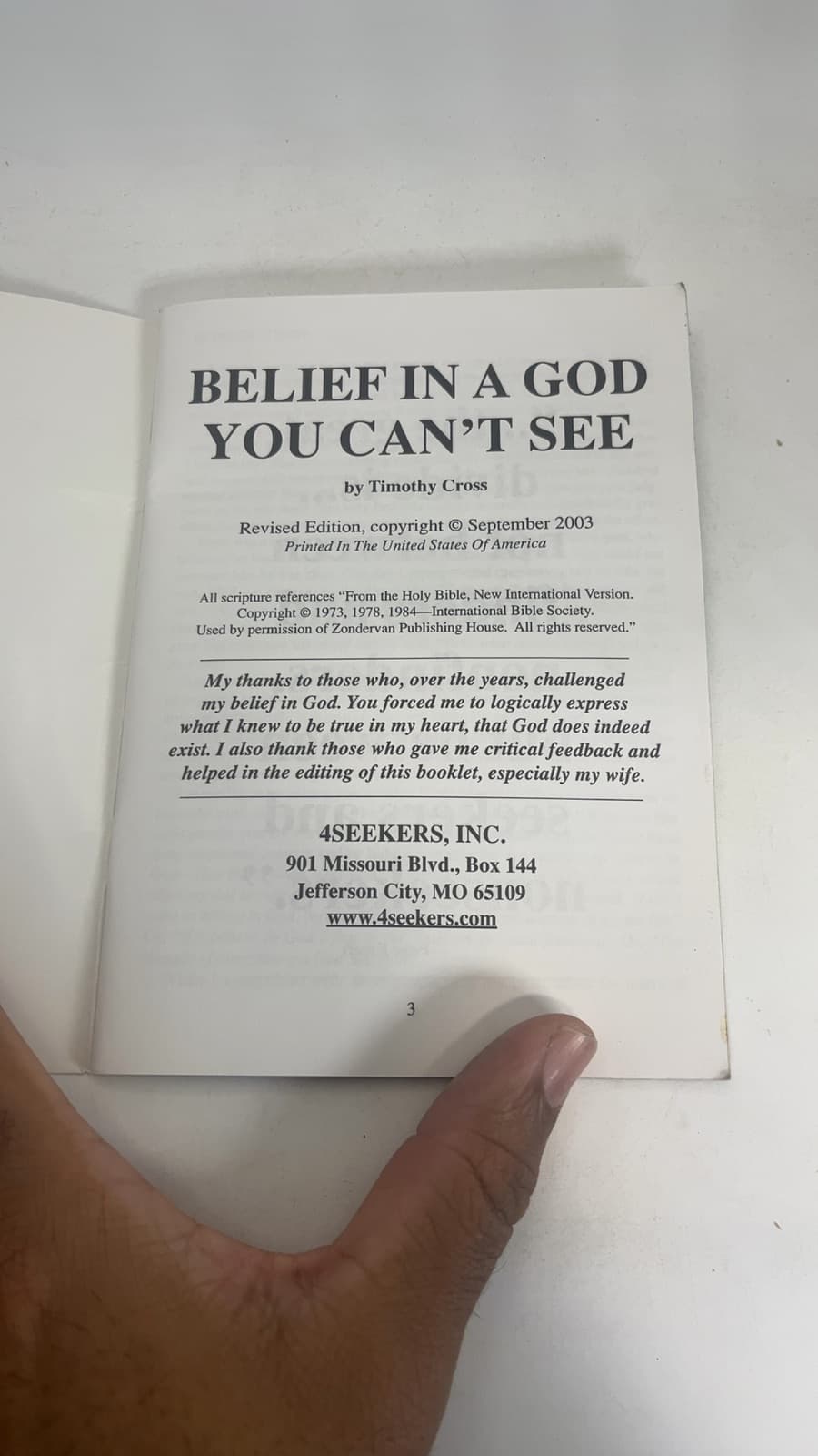 Belief In A God You Can't See by Timothy Cross - title page