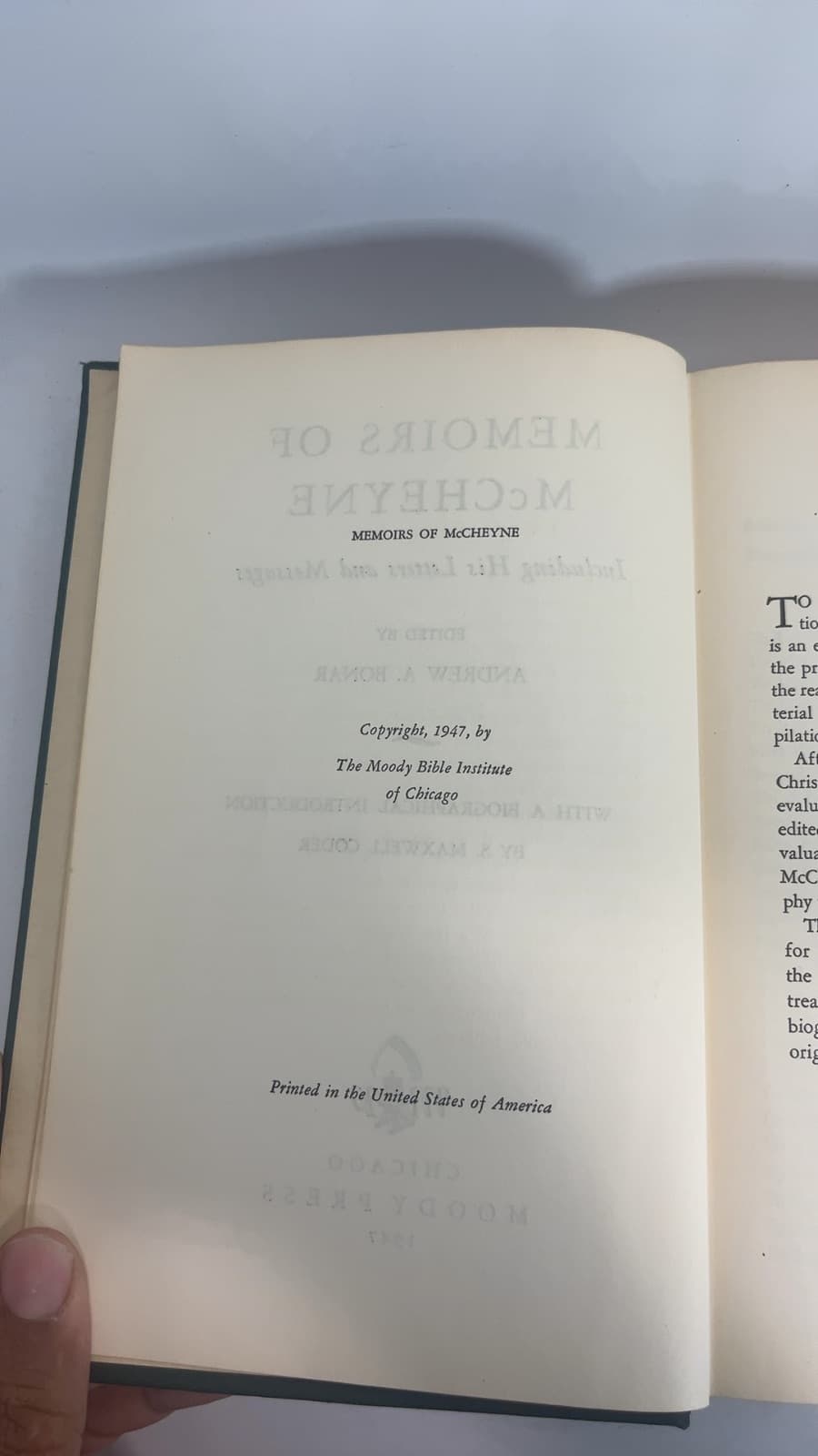 Memoirs of McCheyne by Andrew A. Bonar - copyright page showing 1947 details