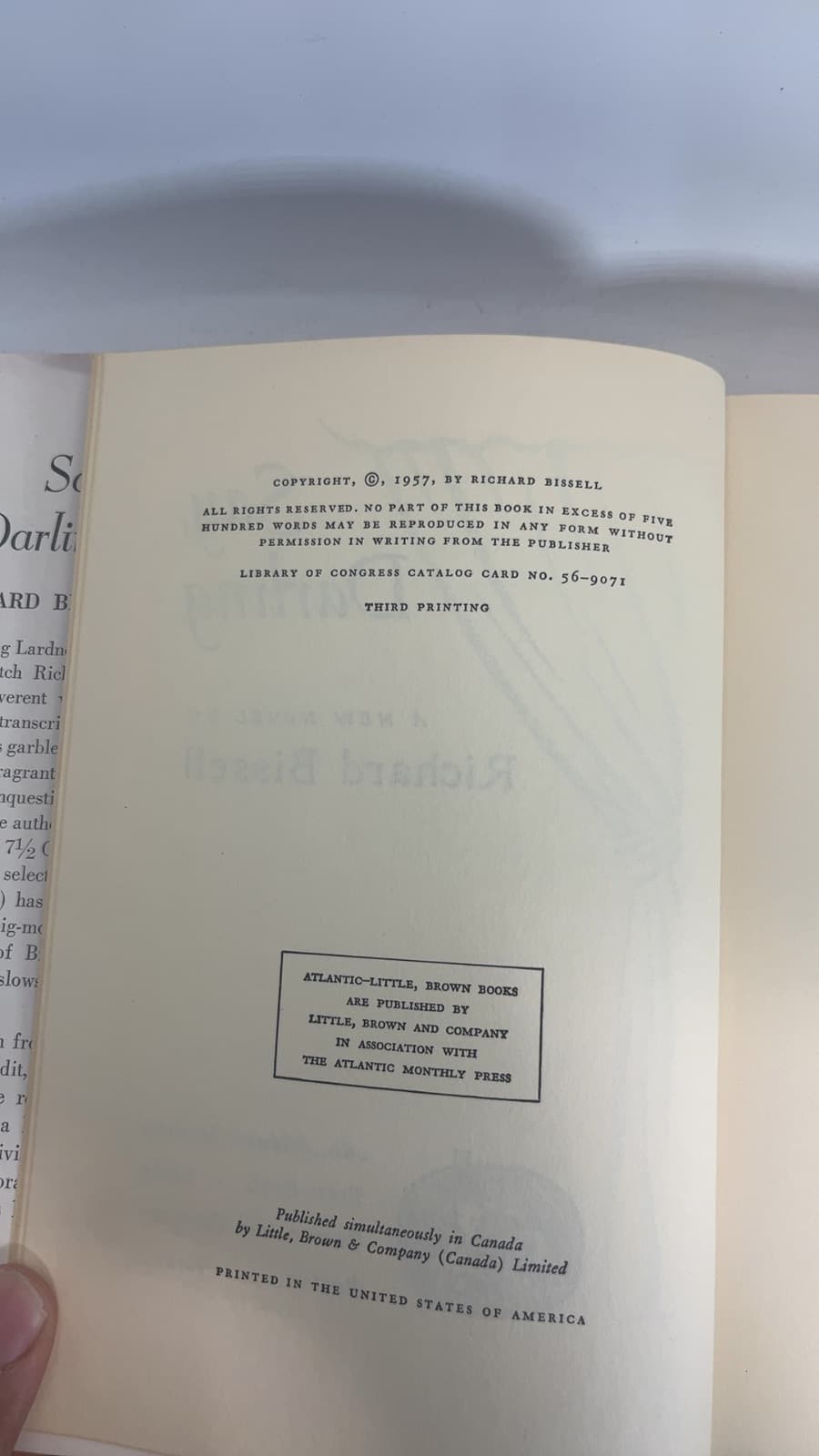 Say, Darling by Richard Bissell - copyright page showing 1957 details