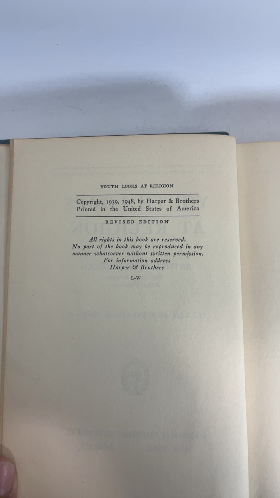 Youth Looks at Religion by Arthur C. Wickenden - copyright page showing 1948 details