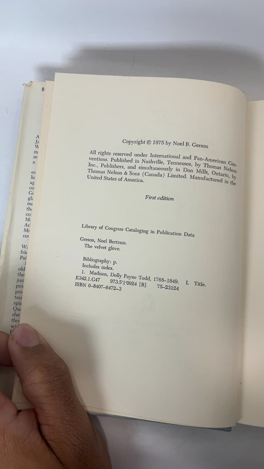 The Velvet Glove by Noel B. Gerson - copyright page showing 1975 details