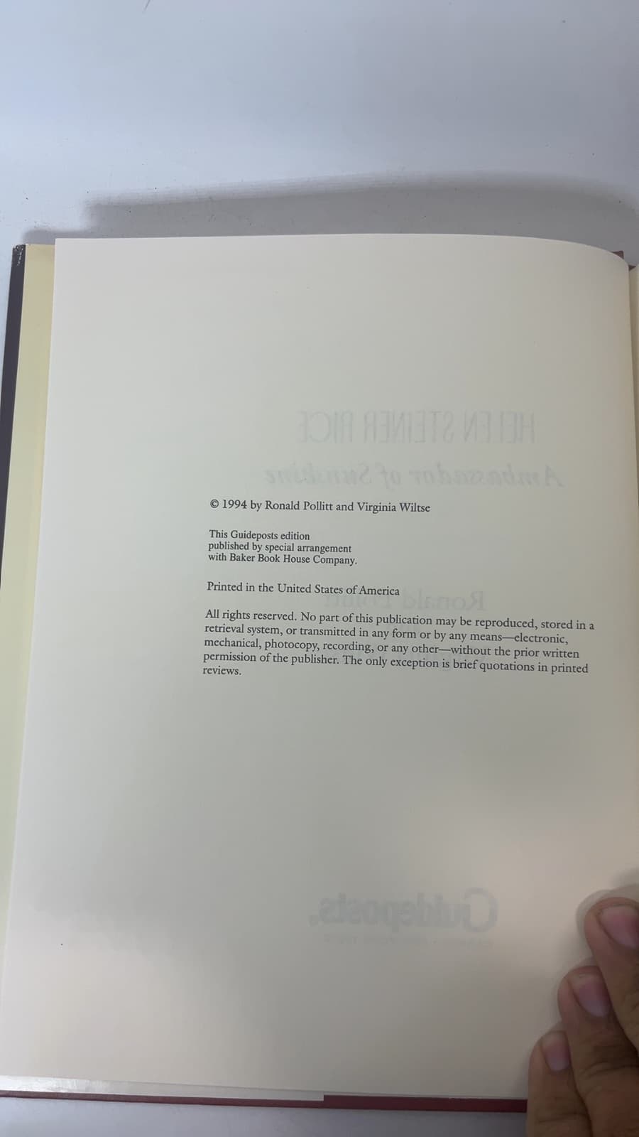 Helen Steiner Rice: Ambassador of Sunshine by Ronald Pollitt and Virginia Wiltse - copyright page showing 1994 details