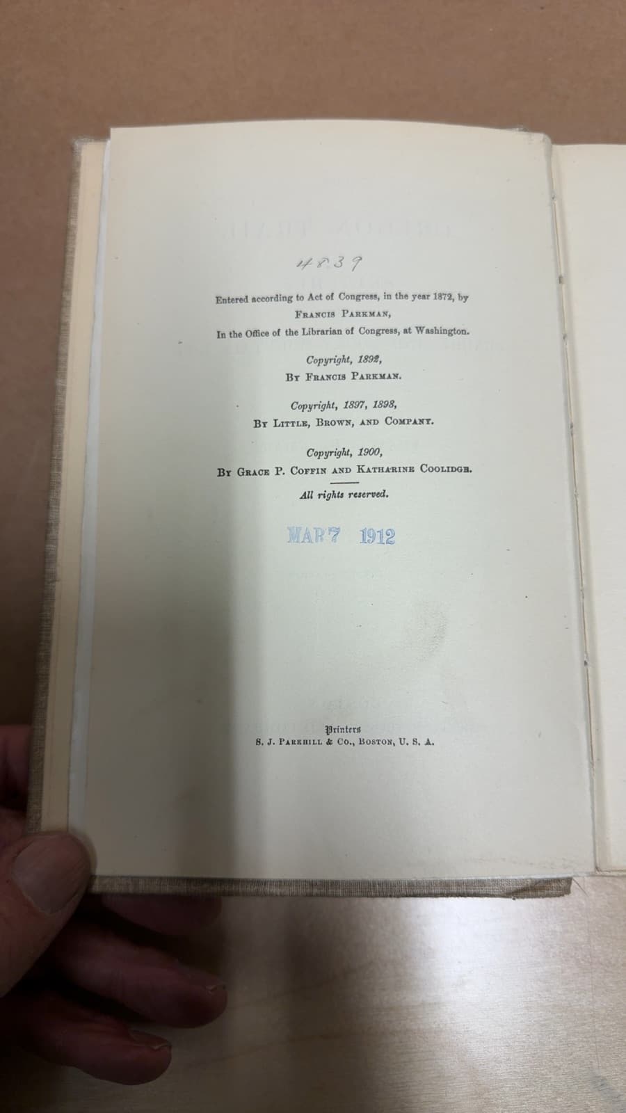 The Oregon Trail: Sketches of Prairie and Rocky-Mountain Life by Francis Parkman - copyright page showing 1912 details