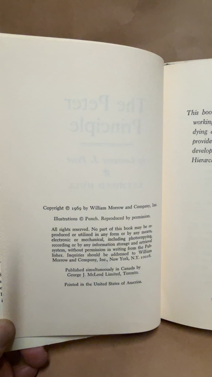 The Peter Principle by Laurence J. Peter and Raymond Hull - copyright page showing 1969 details