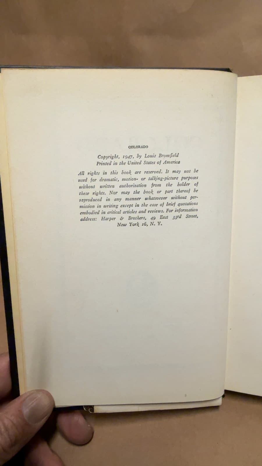 Colorado by LOUIS BROMFIELD - copyright page showing 1947 details