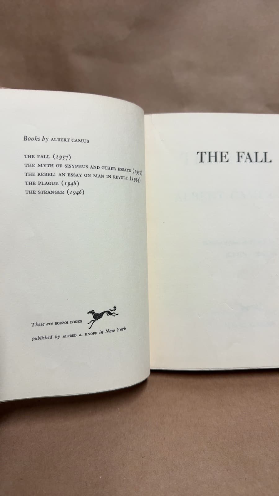 THE FALL by ALBERT CAMUS - copyright page showing 1957 details