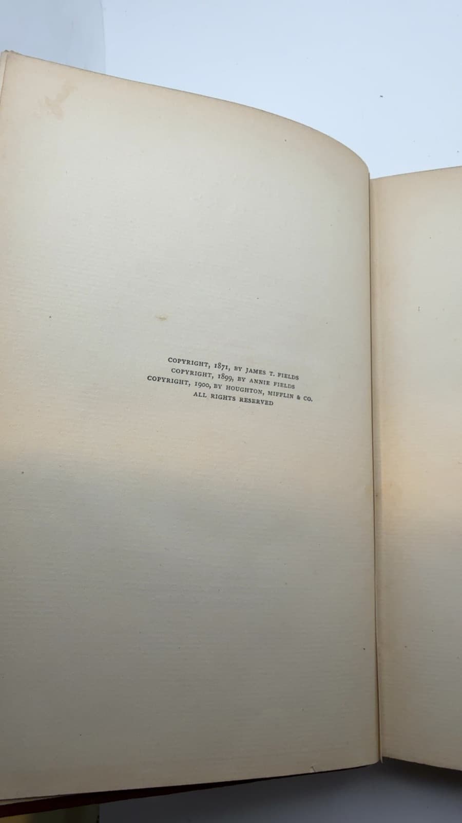 Yesterdays with Authors by James T. Fields - copyright page showing 1900 details