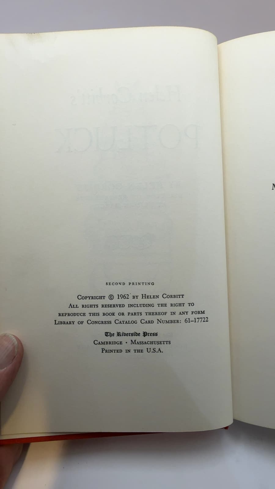 Helen Corbitt's Potluck by Helen Corbitt - copyright page showing 1962 details