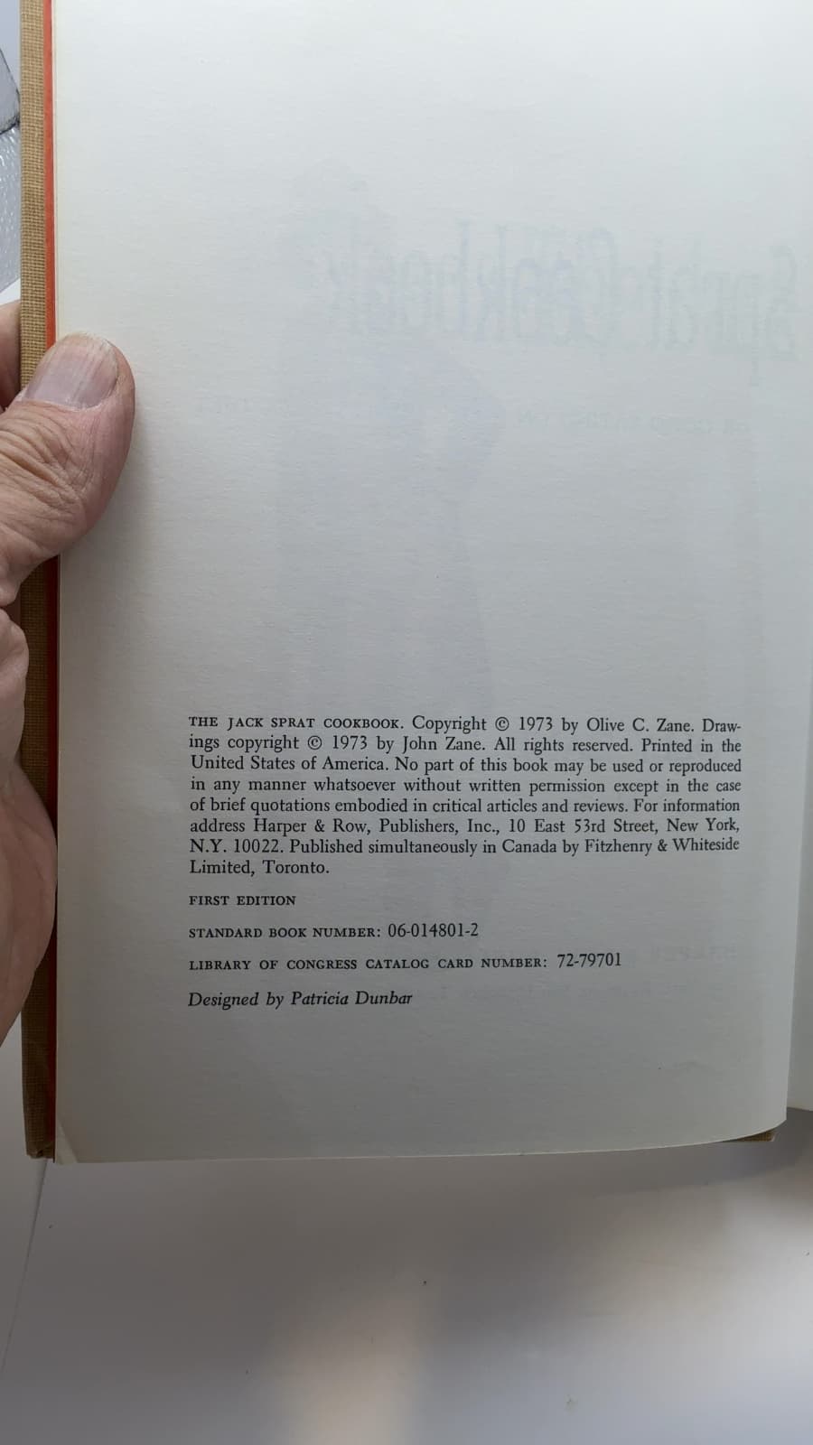 The Jack Sprat Cookbook or Good Eating on a Low-Cholesterol Diet by Polly Zane - copyright page showing 1973 details
