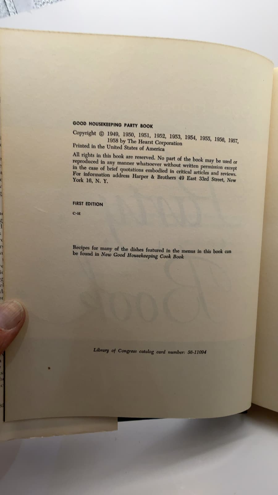 Good Housekeeping Party Book by Dorothy Marsh and Carol Brock - copyright page showing 1958 details