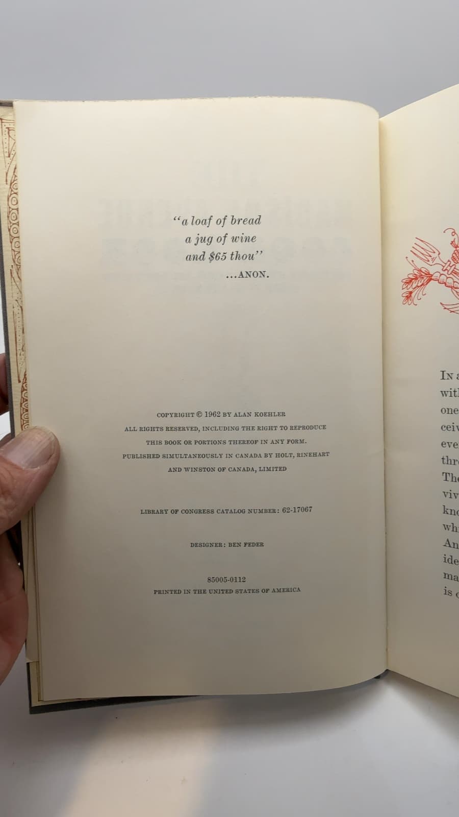 The Madison Avenue Cook Book by Alan Koehler - copyright page showing 1962 details
