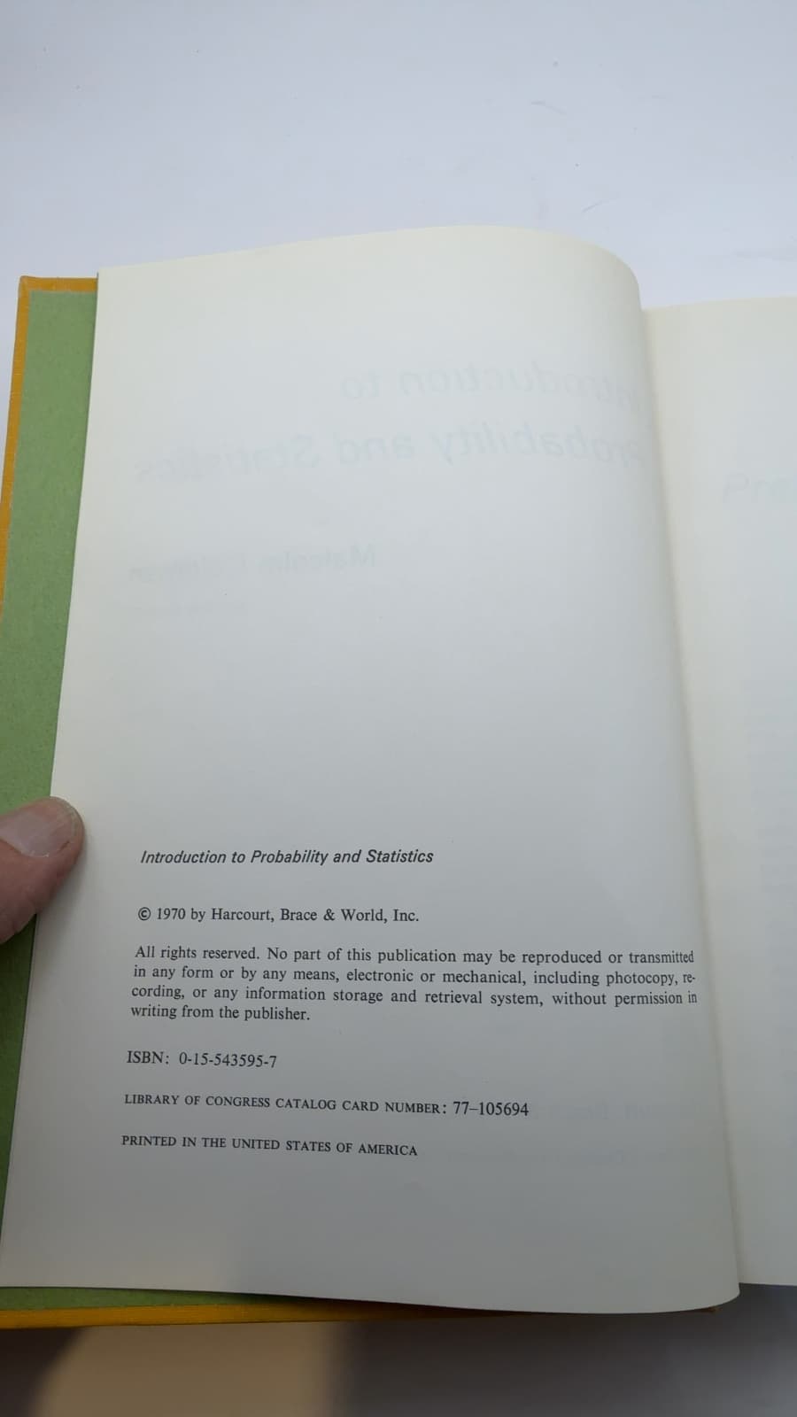 Introduction to Probability and Statistics by Malcolm Goldman - copyright page showing 1970 details