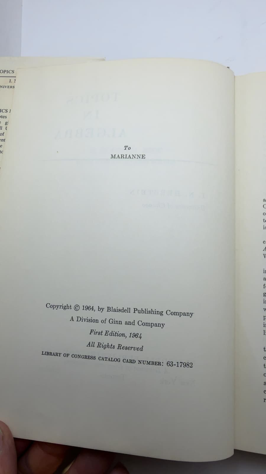 Topics in Algebra by I. N. Herstein - copyright page showing 1964 details