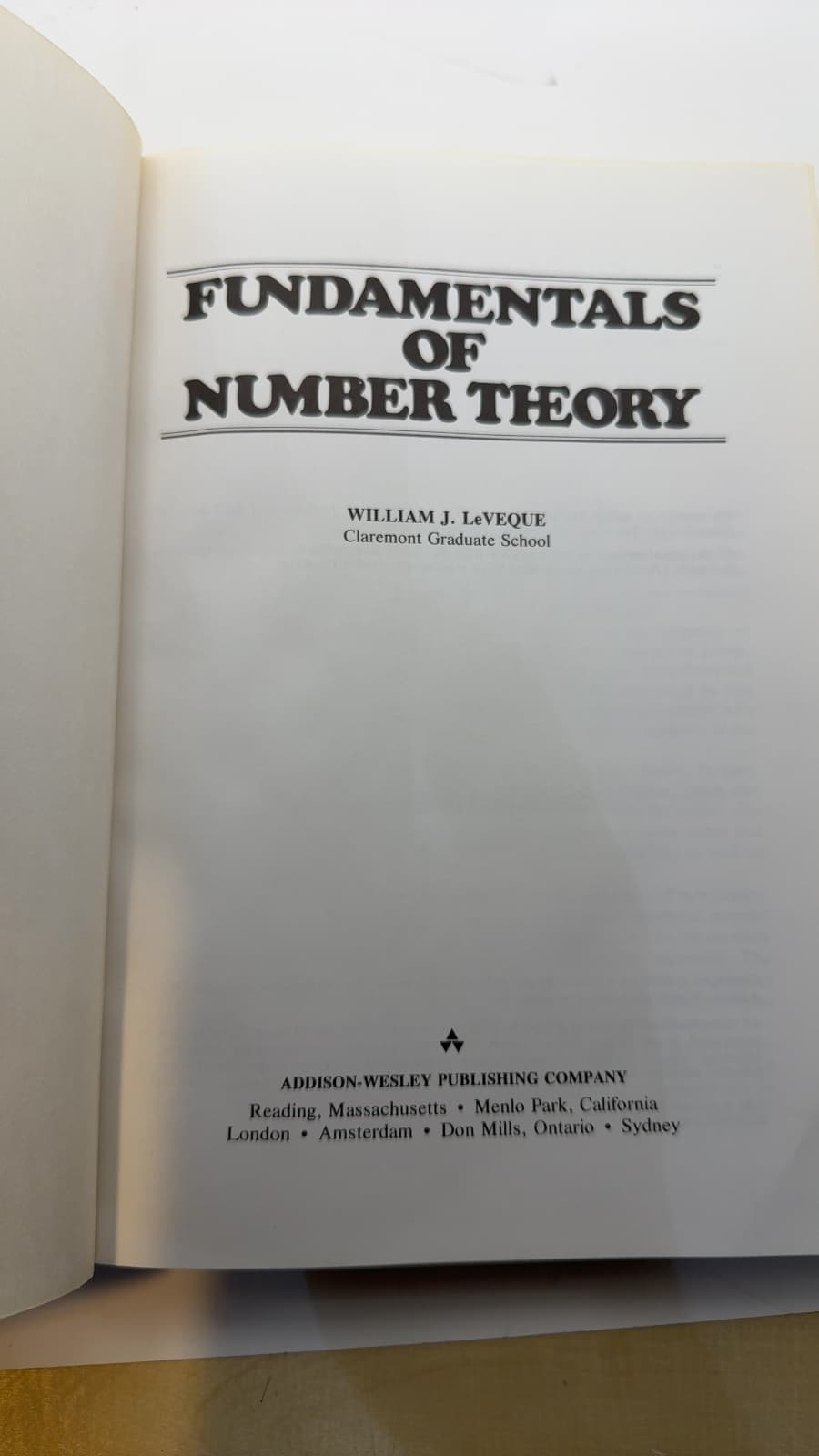 Fundamentals of Number Theory by William J. LeVeque - title page