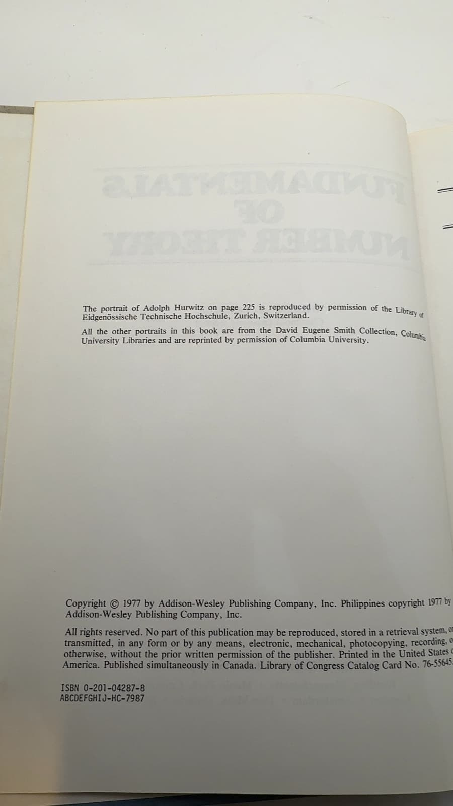 Fundamentals of Number Theory by William J. LeVeque - copyright page showing 1977 details