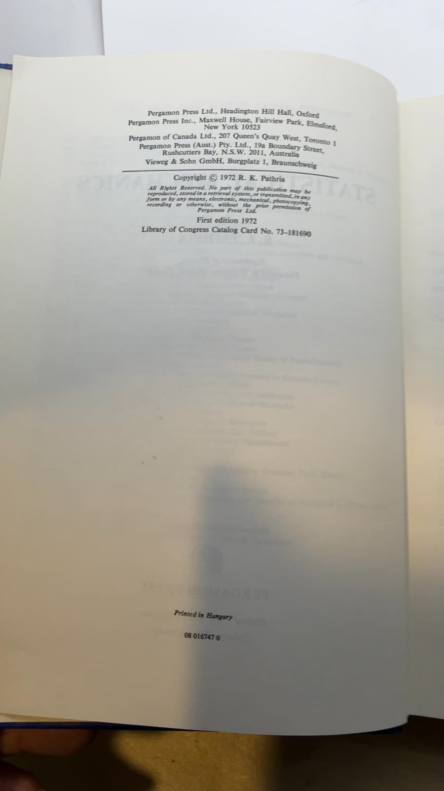 Statistical Mechanics by R. K. Pathria - copyright page showing 1972 details