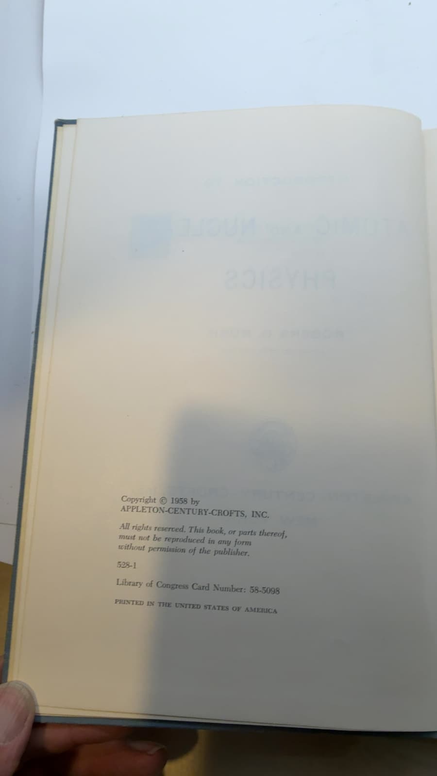 Introduction to Atomic and Nuclear Physics by Rogers D. Rusk - copyright page showing 1958 details