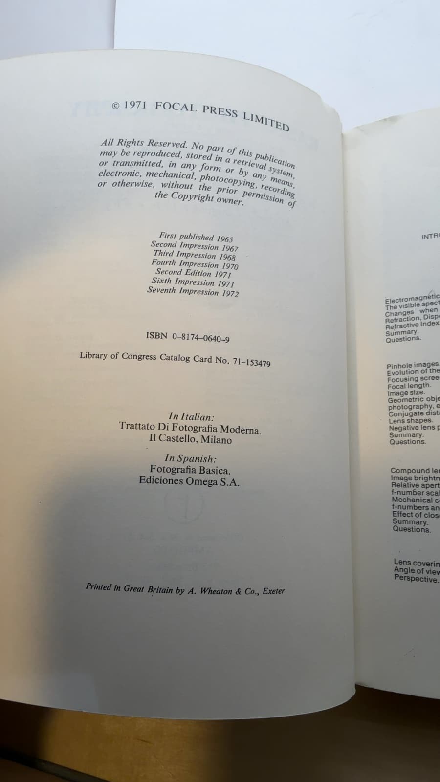 Basic Photography by Michael J. Langford - copyright page showing 1971 details