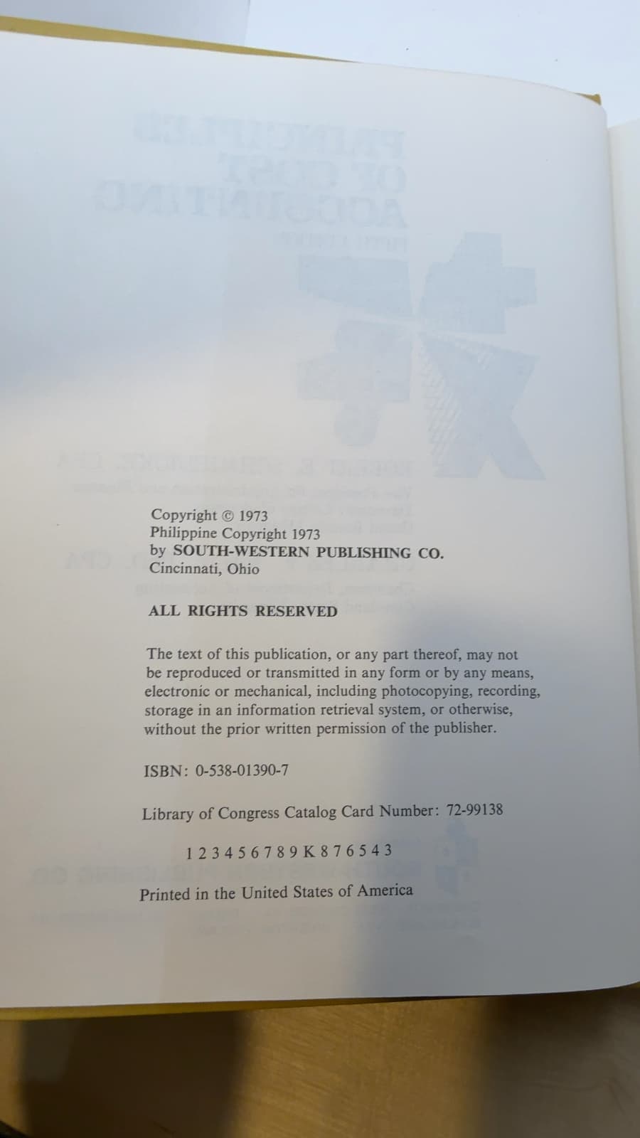Principles of Cost Accounting, Fifth Edition by Robert E. Schmiedicke, CPA and Charles F. Nagy, PhD, CPA - copyright page showing 1973 details
