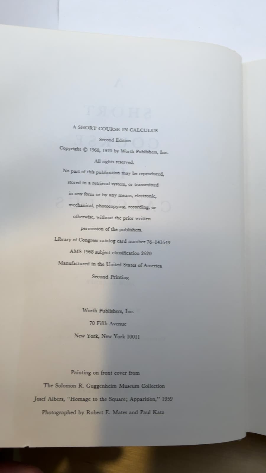 A Short Course in Calculus by Jack G. Ceder and David L. Outcalt - copyright page showing 1970 details