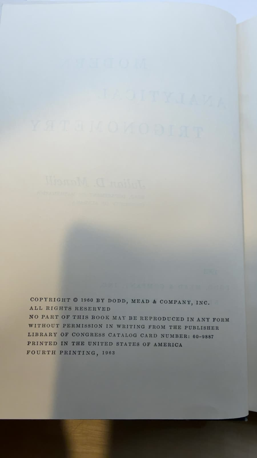 Modern Analytical Trigonometry by Julian D. Mancill - copyright page showing 1963 details
