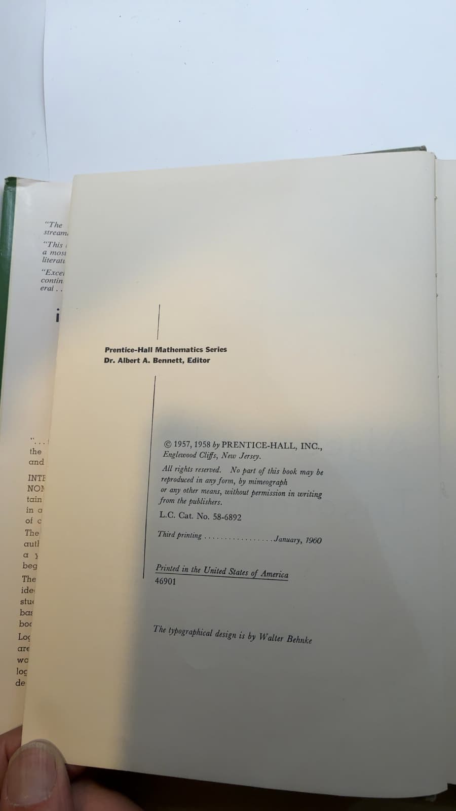 Integrated Algebra and Trigonometry by Robert C. Fisher & Allen D. Ziebur - copyright page showing 1958 details