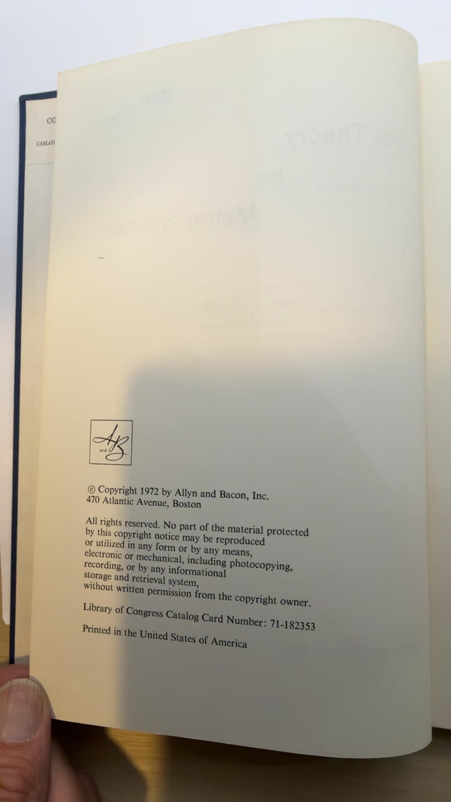 Set Theory and Metric Spaces by Irving Kaplansky - copyright page showing 1972 details