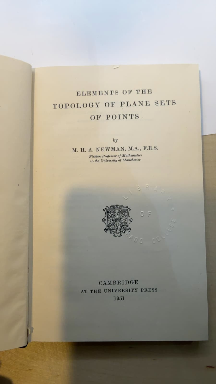 Elements of the Topology of Plane Sets of Points by M. H. A. Newman - title page