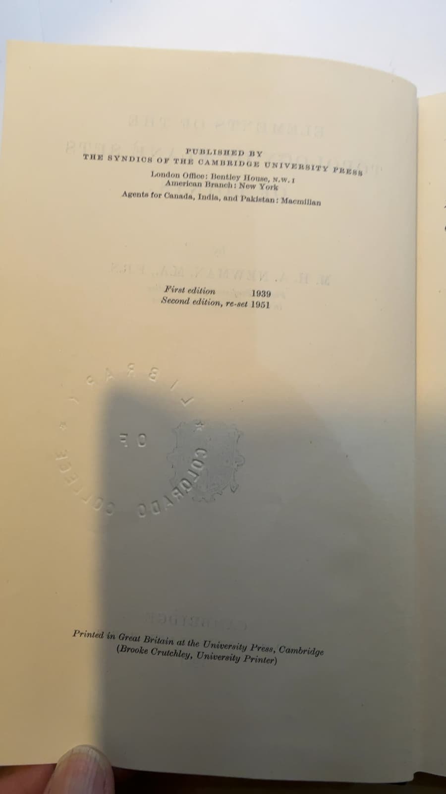 Elements of the Topology of Plane Sets of Points by M. H. A. Newman - copyright page showing 1951 details