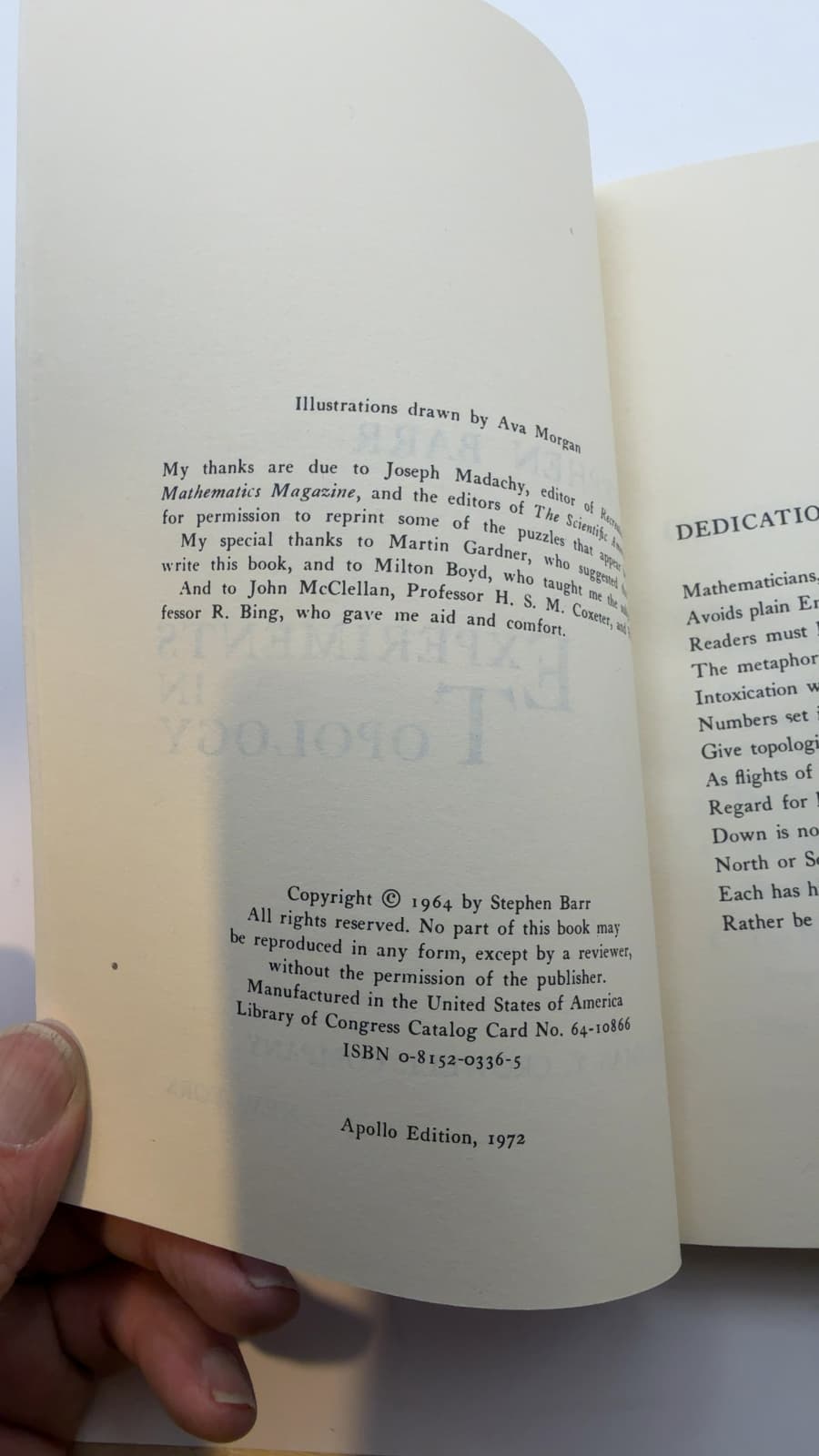 Experiments in Topology by Stephen Barr - copyright page showing 1972 details