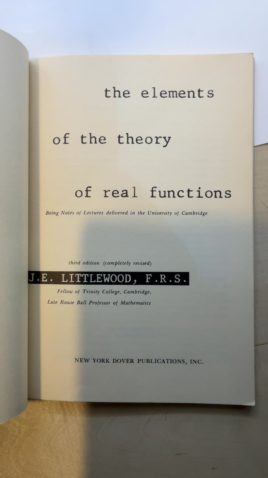 the elements of the theory of real functions by J.E. Littlewood, F.R.S. - title page