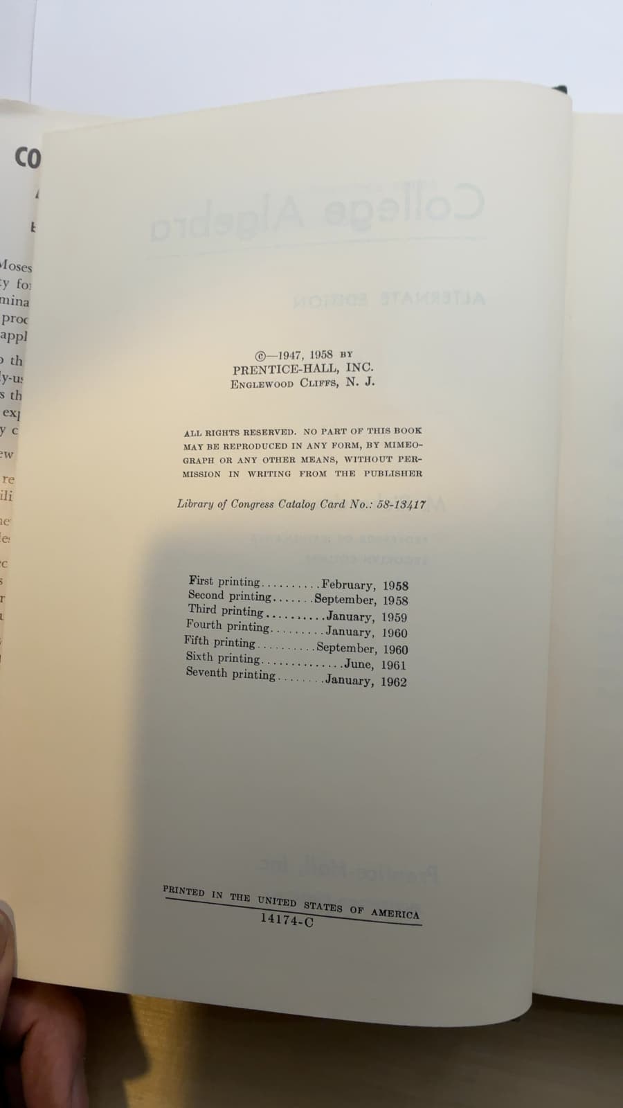 College Algebra: Alternate Edition by M. Richardson, Ph.D. - copyright page showing 1958 details