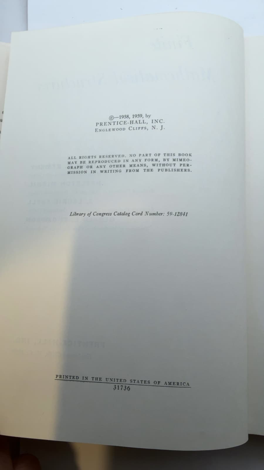 Finite Mathematical Structures by John G. Kemeny, Hazleton Mirkil, J. Laurie Snell, Gerald L. Thompson - copyright page showing 1959 details
