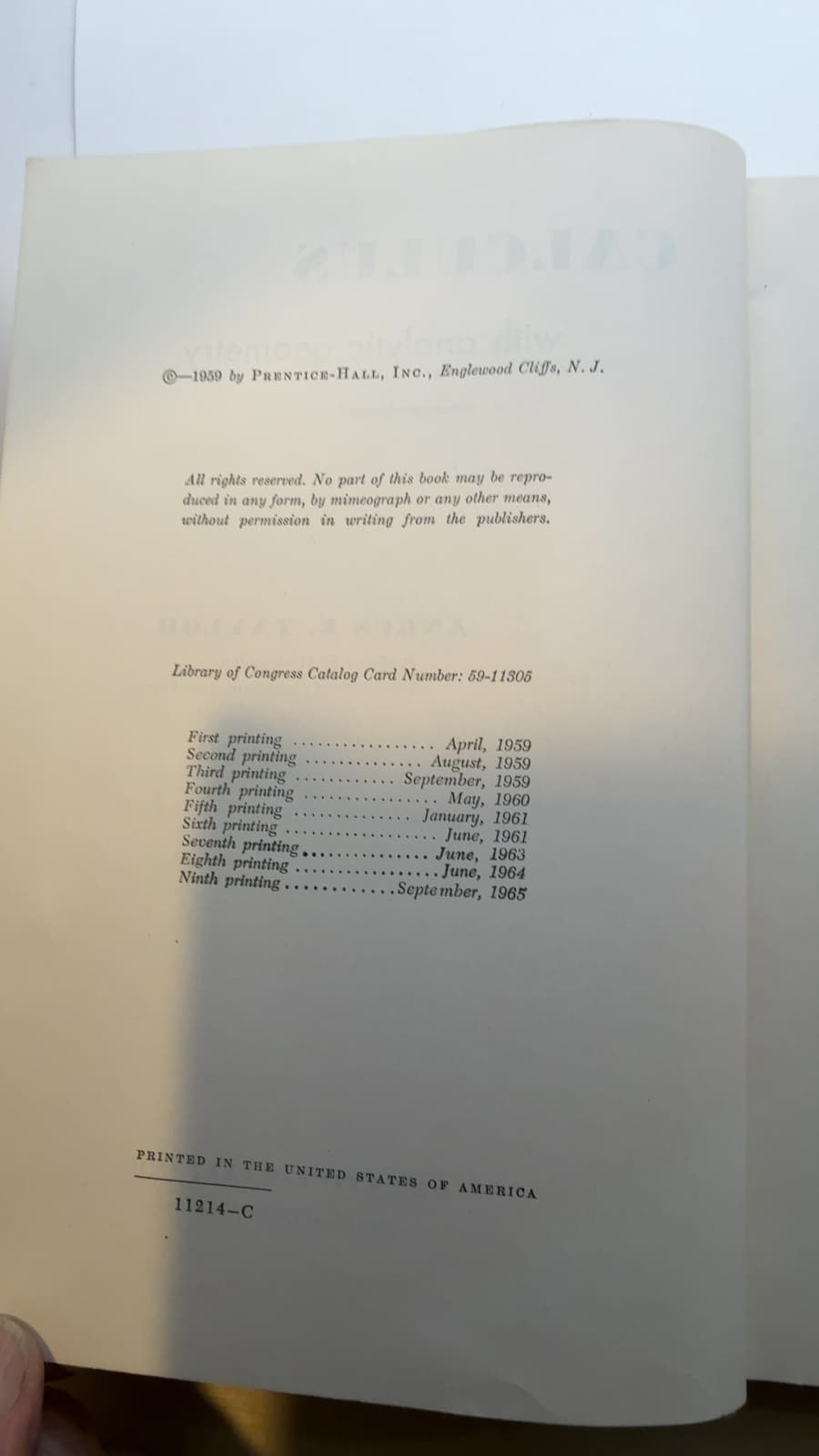 Calculus with Analytic Geometry by Angus E. Taylor - copyright page showing 1959 details