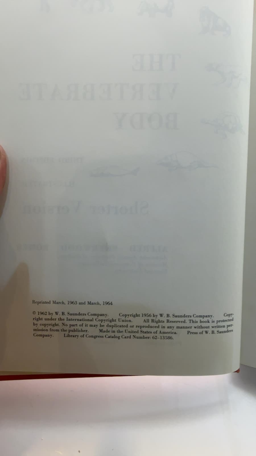The Vertebrate Body: Shorter Version by Alfred Sherwood Romer - copyright page showing 1962 details