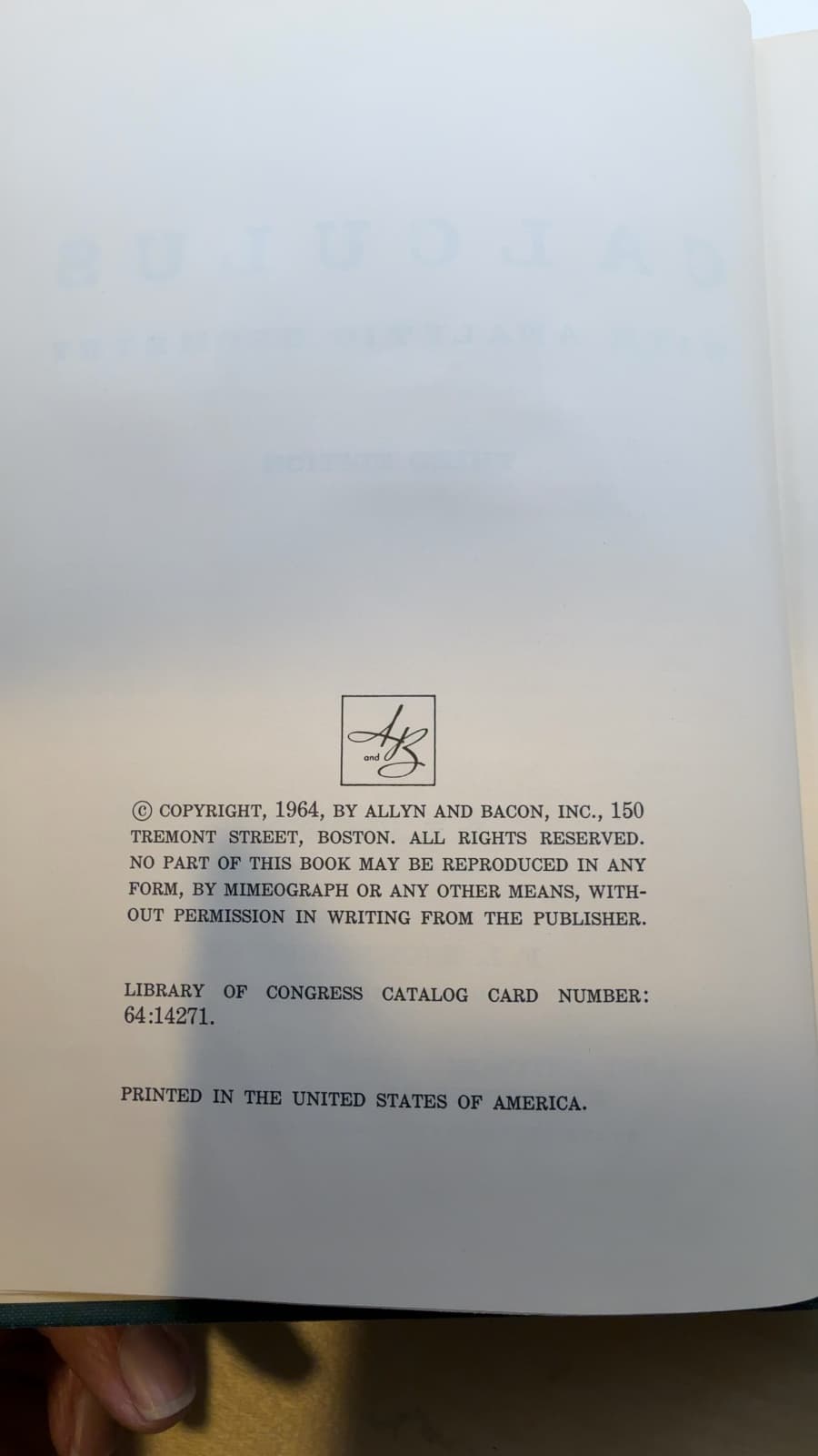 Calculus with Analytic Geometry by R. E. Johnson and F. L. Kiokemeister - copyright page showing 1964 details