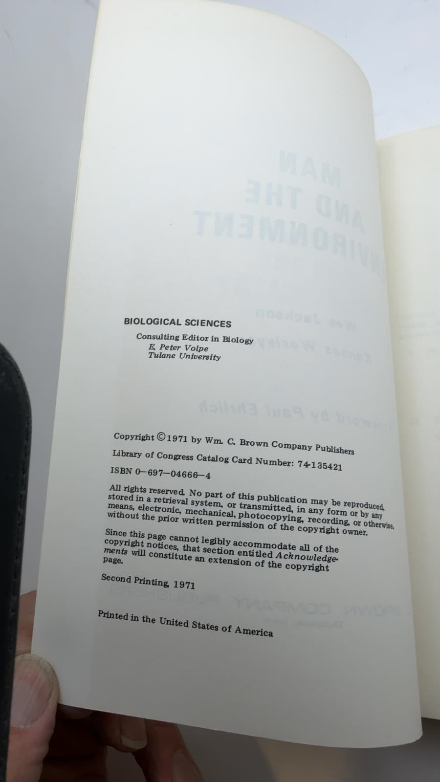 MAN AND THE Environment by Wes Jackson - copyright page showing 1971 details