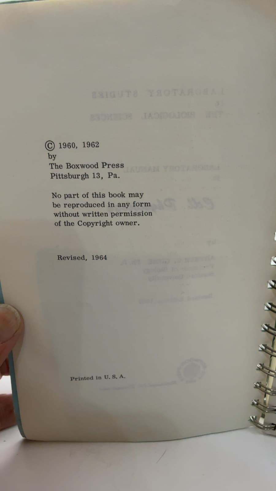 Laboratory Manual in Cell Physiology by Arthur C. Giese - copyright page showing 1964 details