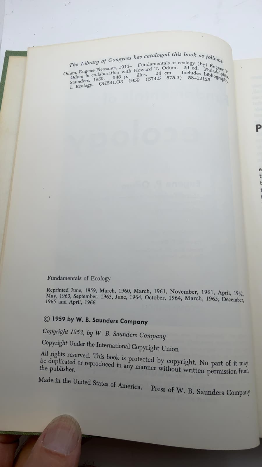 Fundamentals of Ecology by Eugene P. Odum in collaboration with Howard T. Odum - copyright page showing 1959 details