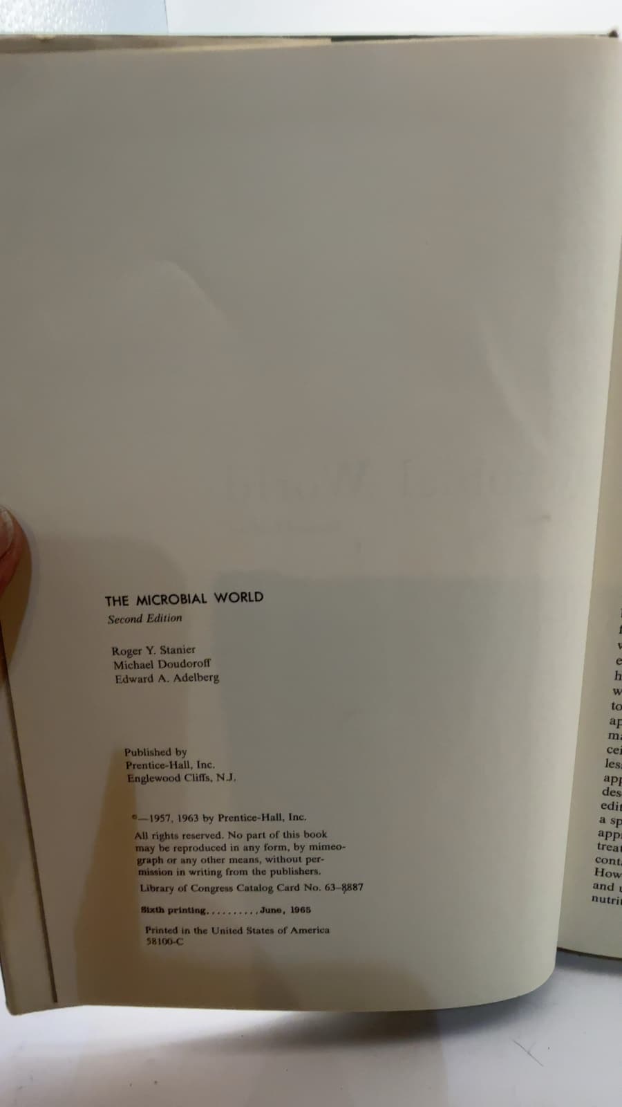 The Microbial World by Roger Y. Stanier, Michael Doudoroff, Edward A. Adelberg - copyright page showing 1965 details