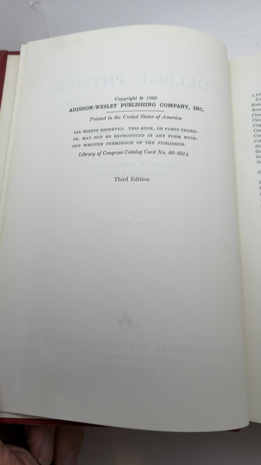 College Physics by Francis Weston Sears and Mark W. Zemansky - copyright page showing 1960 details