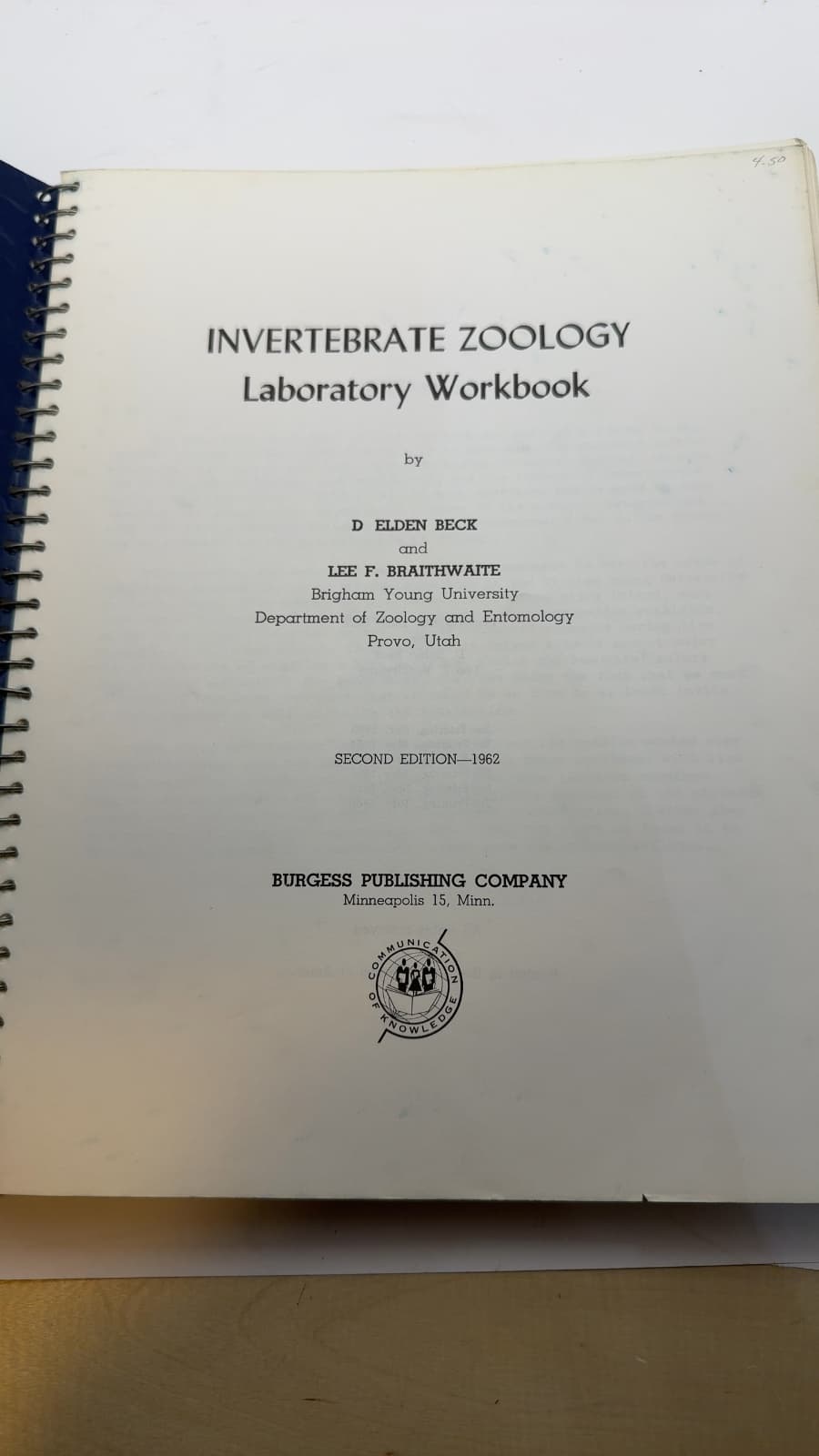 Invertebrate Zoology Laboratory Workbook by D Elden Beck and Lee F. Braithwaite - title page